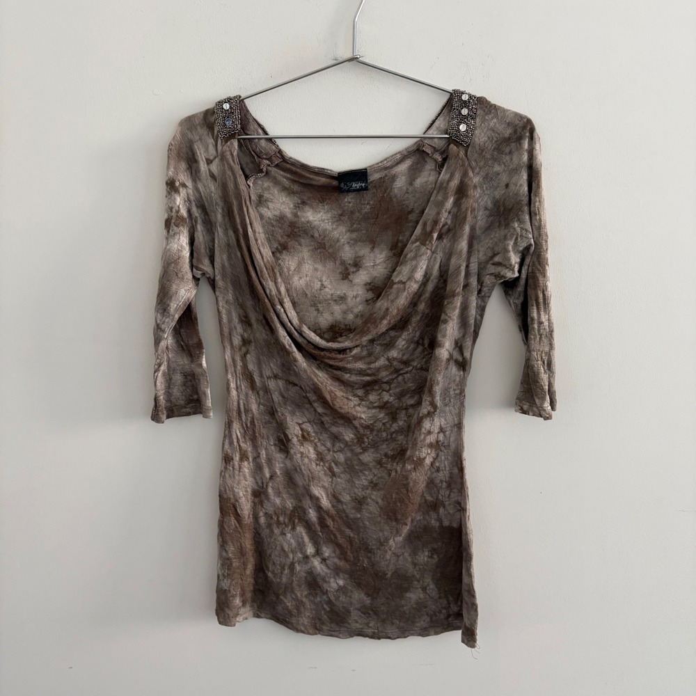 Daytrip Womens Brown Acid Wash Cowl Neck Beaded 3/4 Sleeve Top